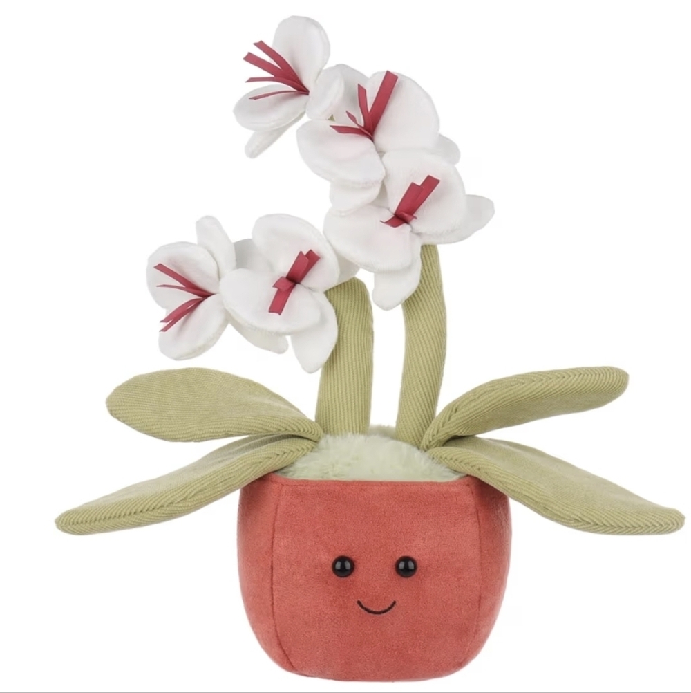 BUTTERFLY ORCHID 🦋🪷 11" White Red Green Flower Plush in Red Smiling Pot NWT